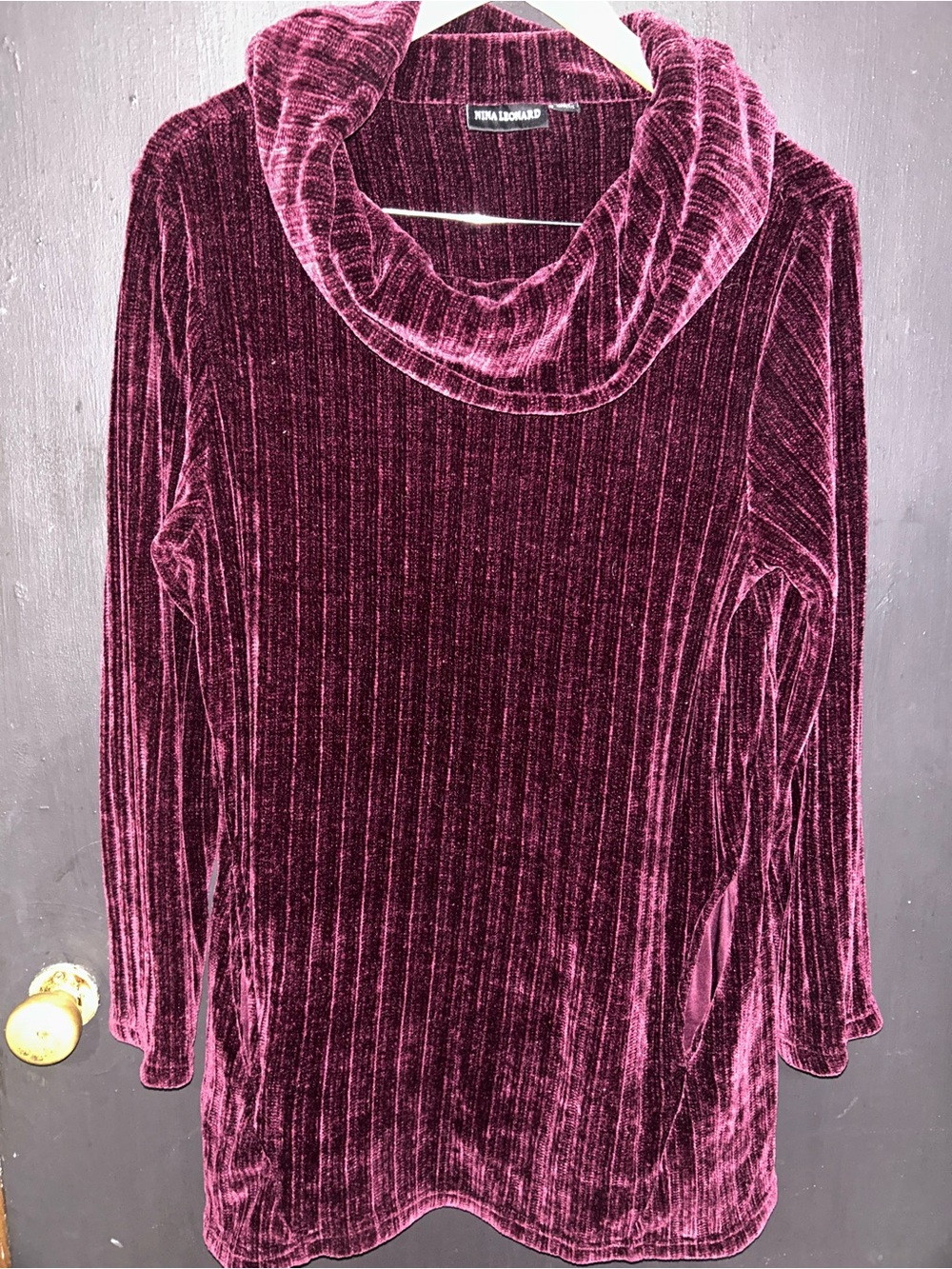 Nina Leonard Velvet Ribbed Cowl Neck Sweater - Deep Wine